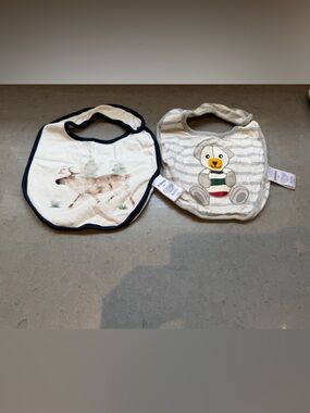 Bundle HBC stripes Cream & Navy Deer and Bear Cotton Bib Set